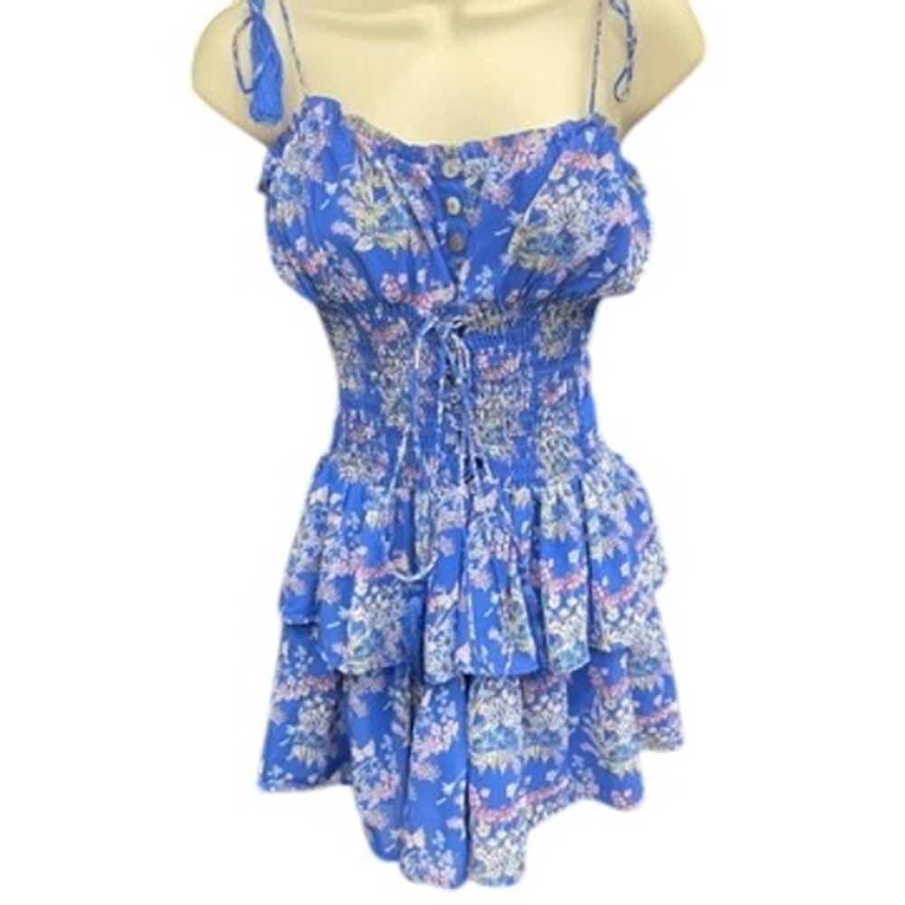 Cherley‎ Blue Floral Smocked Mini Dress Boho Tiered Ruffle Tassel Straps Small